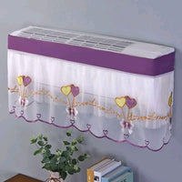 Purple Airify embroidered lace AC cover with ruffled trim on a split air conditioner indoor unit
