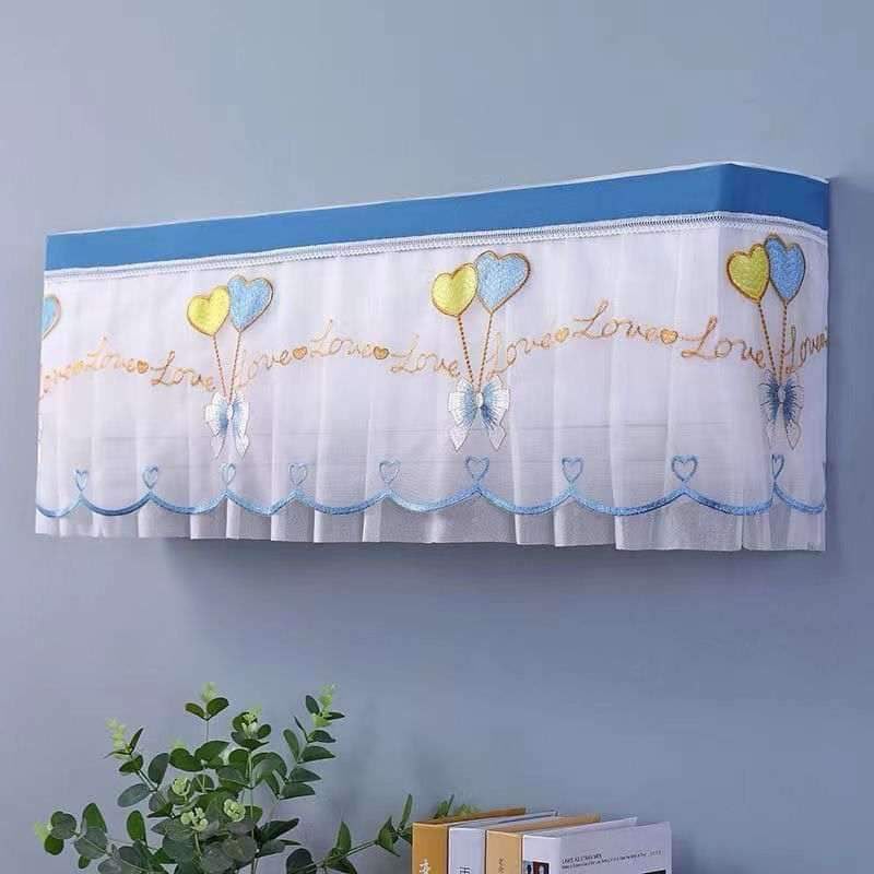 Blue Airify embroidered lace AC cover with heart and Love embroidery on a wall-mounted split AC